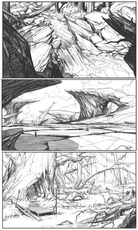 Concept Art Landscape, Environment Sketch, Landscape Sketch, Landscape Concept, Perspective Art, Background Drawing, Poses References, Landscape Drawings, Fantasy Art Landscapes