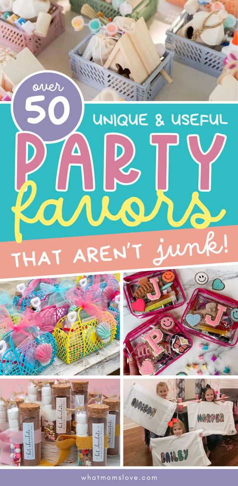 Unique and useful party favors for kids. Practical things to put in goody bags for your kid's birthday party that aren't junk! Parents and kids will love these creative birthday party favors including cheap DIY kits, fun food, toys and keepsakes. Great ideas for all ages, from toddlers to tweens and teens. Cool Party Bag Ideas, Dance Party Favor Ideas, Birthday Party Bags Ideas, Party Gifts For Guests Kids, Trampoline Park Birthday Party Favors Goody Bags, Best Goodie Bag Ideas, Sleepover Birthday Party Favors, Loot Bag Ideas For Kids Birthday, Birthday Goodies Ideas