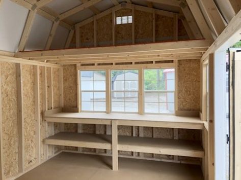 Storage Shed Loft Ideas, 12x12 Storage Shed, She Shed With Bathroom Plans, Shed 12x12, 12x12 Shed Ideas, 10x12 Shed Interior, Shed Woodshop, Small Shed Storage Ideas, Inside Shed Ideas