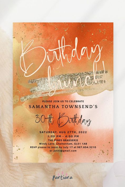 Self-editable 5x7" invite - follow the link for details and free demo! ♦ Easily edit online in your browser then download and print or send digitally ♦ An eye-catching birthday brunch invitation in vibrant shades of orange, cream, and gold - perfect for a summer or autumn celebration ♦ #brunchparty #birthdaybrunch #summerparty #autumnparty #brunchideas #brunchinvitations #ombrepartytheme #editableinvitation #printableinvite Birthday Dinner Invitation, Autumn Celebration, Watercolor Party, Orange Birthday, Dinner Party Invitations, Orange Party, Birthday Dinner Party, 24th Birthday, Birthday Brunch