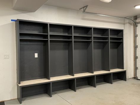 Build Mudroom In Garage, Garage Locker Storage, Diy Lockers Mudroom, Open Bottom Mudroom Bench, Garage Cubbies, Built In Mudroom Bench, Baseball Locker Room, Garage Mudroom Ideas, Mudroom Plans