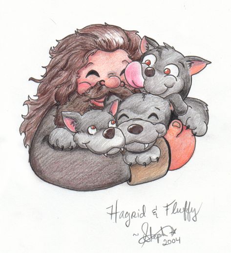 HP fanart - Hagrid and Fluffy by *webmyrcury Fluffy Harry Potter, Hp Fanart, Art Harry Potter, Rubeus Hagrid, Harry Potter Illustrations, Theme Harry Potter, Images Harry Potter, Harry Potter Artwork, Art Mignon