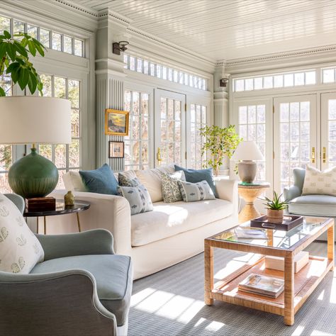 Classic Family Room, Blue And White Living Room, Sofa Pictures, Sunroom Furniture, Long Room, Sunroom Designs, Living Room Den, Rowe Furniture, Coastal Living Rooms