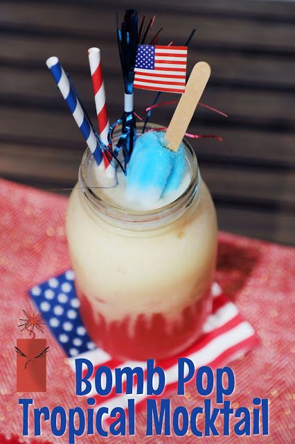 Bomb Pop Tropical Mocktail Bomb Pop Water Recipe, Bomb Pop Mocktail, Bomb Pop Alcoholic Drinks, Kid Friendly Memorial Day Drinks, Bomb Pop Drinks Kids, Red White And Blue Mock Tails, Bomb Pop, Frozen Pineapple, Recipe For Mom