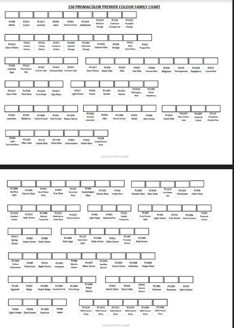 3 page Prismacolor Premier 150 Pencils Colour Family Chart - Colour with Claire's Ko-fi Shop - Ko-fi ❤️ Where creators get support from fans through donations, memberships, shop sales and more! The original 'Buy Me a Coffee' Page. Prismacolor Chart 150, Prismacolor Color Family Chart, Prismacolor Premier 150 Color Chart, Skin Tone Chart, Blending Colored Pencils, Art Advice, Good Color Combinations, Family Coloring, Coloring Tips