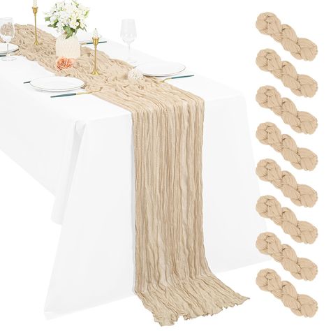 PRICES MAY VARY. 💌【Suitable Size】You will receive 8 pieces 10ft length Beige cheesecloth table runner with wrinkled texture, enough quantity is suitable for wedding banquets and various parties, Each tablecloth measures approximately 21 x 120 inches/55 x 300 cm and appropriate for round or rectangle tables that can seat 10-12 people. The elegant table runner can meet your needs for table decoration adds a romantic atmosphere to your wedding or special events. 💌【Premium Material】The table runne Macrame For Weddings, Boho Table Setting Wedding Round, Runner On Circle Table, Wedding Table Runners Round Tables, Beige Table Setting, Table Runners Wedding Round, Cheesecloth Table Runner Wedding, Beige Table Runner, Table Runner For Wedding