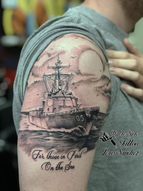 Destroyer Tattoo, Us Navy Tattoos, Naval Tattoos, Us Navy Destroyers, Navy Tattoos, Ancient Tattoo, Mens Shoulder Tattoo, C Tattoo, Nautical Tattoo