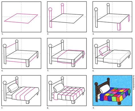 How To Draw A Bed, Drawing Bed, Direct Drawing, Bed Drawing, Bed Tutorial, Bed Box, Drawing Furniture, Easy Draw, Bed Steps