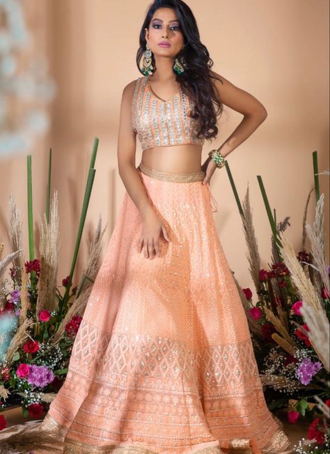 Chikankari Skirt And Top, Festive Peach Chikankari Embroidery Sets, Peach Chikankari Lehenga, Festive Peach Chikankari Dupatta, Kiara Advani Chikankari, Peach Blouse, Embellished Blouse, Embroidered Neckline, Scalloped Hem