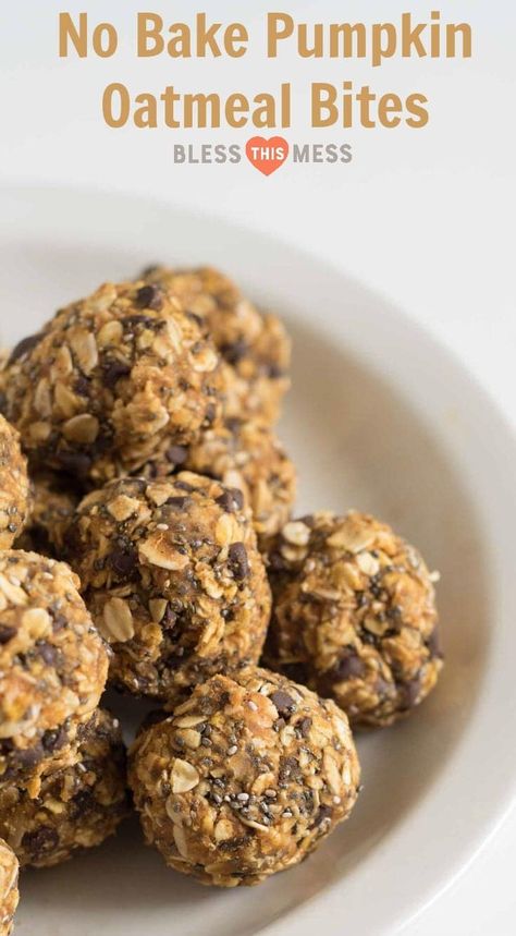 No-Bake Pumpkin Oatmeal Energy Balls | Healthy Energy Bites Oatmeal Energy Bites, Baked Pumpkin Oatmeal, Energy Bites Healthy, Oatmeal Bites, Healthy No Bake, Energy Balls Healthy, No Bake Pumpkin, Bake Pumpkin, High Protein Desserts