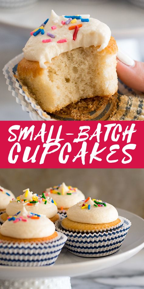 Small Batch Vanilla Frosting, Vanilla Cake For Two, Single Serve Cupcake Recipe, Small Batch Frosting Recipes, Cupcake Recipes Small Batch, Small Batch Cupcake Recipe, Small Batch Vanilla Cupcakes, Simple Deserts, American Buttercream Frosting