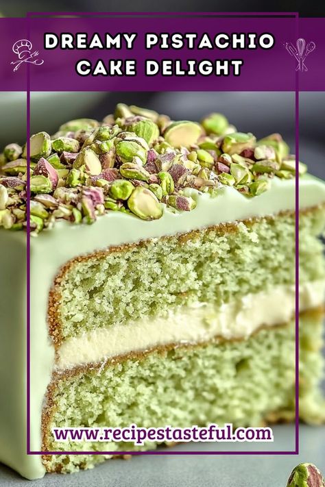 Indulge in the rich and nutty flavor of this Dreamy Pistachio Cake Delight. With moist layers infused with pistachios and a creamy frosting, this cake is a showstopper for any celebration. Topped with chopped pistachios for an added crunch, it’s sure to impress family and friends alike! Moist Pistachio Cake, Creamy Frosting, Pistachio Cake, Slice Of Heaven, Just Cakes, Round Cake Pans, Cake Pans, Layer Cake, Pistachio