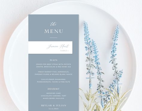 Dusty Blue Menu Bundle, Slim Place Cards Template, Minimalist Wedding Menu, Modern Wedding Menu, Beach Wedding Menu | INSTANT DOWNLOAD Coastal Wedding Theme, Beach Wedding Menu, Nut Dessert, Place Cards Template, Blue Menu, Wedding Seating Cards, Blue Wedding Inspiration, Light Blue Wedding, Chocolate Wedding Cake