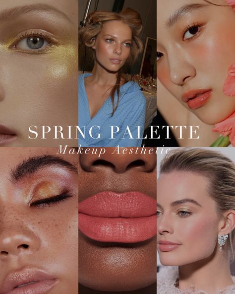 Spring Palette aesthetic for the Spring beauts 🤍 . #coloranalysis #colouranalysis #springpalette #springmakeup #coloranalyst #lightspring #truespring #brightspring Light Spring Aesthetic, Spring Color Makeup, Soft Spring Color Palette, Light Spring Makeup, Bright Summer Color Palette, Bright Spring Makeup, Makeup Color Palette, Spring Skin Tone, True Spring Palette