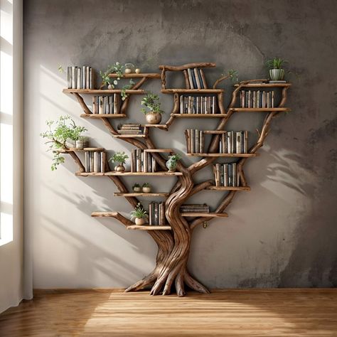 The high-quality wood used to create the tree shaped bookshelf and the addition of driftwood add to its natural beauty and usefulness. To guarantee your pleasure, we carefully choose beautiful branches and send you pictures for approval prior to shipping. This handcrafted item gives your house a distinct character by fusing modern and rustic design elements. Before smoothing the edges, applying PU coating, and guaranteeing termite proofing, we will mount the shelves and branches for your inspect Organic Shelves, Floating Shelves On Wall, Bookshelf Floating Shelves, Modern Bookcase Design, Shelves On Wall, Bookshelf Floating, Driftwood Art Sculpture, Tree Bookcase, Tree Bookshelf