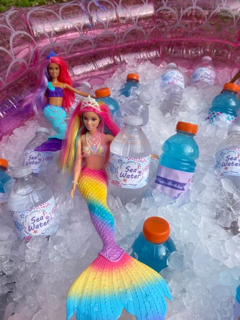 Mermaid Taco Bar, Pink Mermaid Party Decorations, Dive Into Five Mermaid Birthday, Mermaid Outdoor Party, Little Mermaid Pool Birthday Party, Backyard Mermaid Party, Mermaid Theme Pool Party, Mermaid Food Party, Little Mermaid 3rd Birthday Party Girl