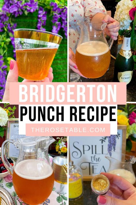 Elegant Diamond of the Season Punch with amaretto, green tea, champagne, and more! Tea Party Drink Ideas, Bridgerton Theme Mocktails, Bridgerton Mock Tails, Bridgerton Party Drinks, Bridgerton Drink Ideas, Bridgerton Themed Drinks, High Tea Drinks, Bridgerton Drinks, Bridgerton Food Ideas