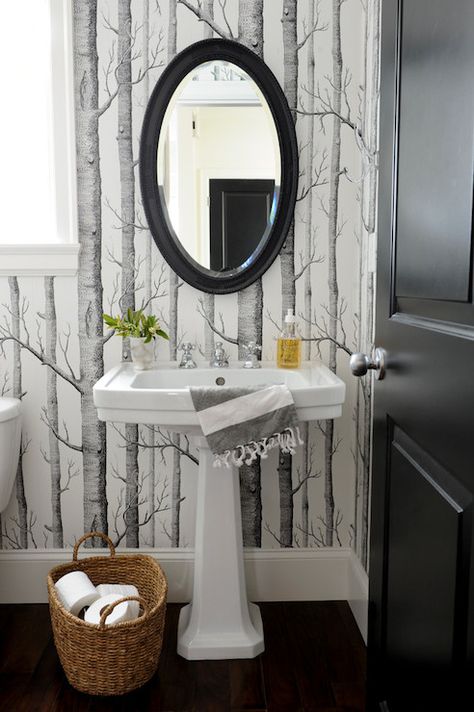 This mirror is a better size for above the pedestal sink. Also - a bold wallpaper is fun in a small space like a powder bath. Something to consider. Cole & Sons Woods Wallpaper Black And White Powder Room, Vintage Powder Room, Woods Wallpaper, Son Wallpaper, Powder Room Wallpaper, Wallpaper Bathroom, Cole And Son Wallpaper, Scandinavian Bathroom, Bold Wallpaper