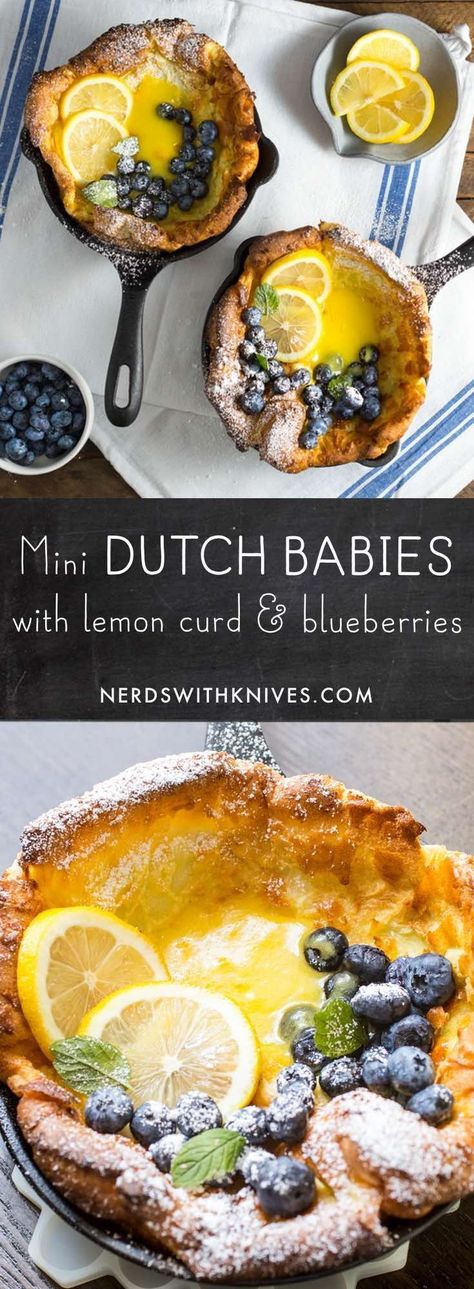 Mini Dutch Babies With Lemon Curd And Blueberries Dutch Babies, Dutch Baby Pancake, Dutch Recipes, Dutch Baby, Think Food, Food Yummy, Pancakes And Waffles, Breakfast Time, Lemon Curd