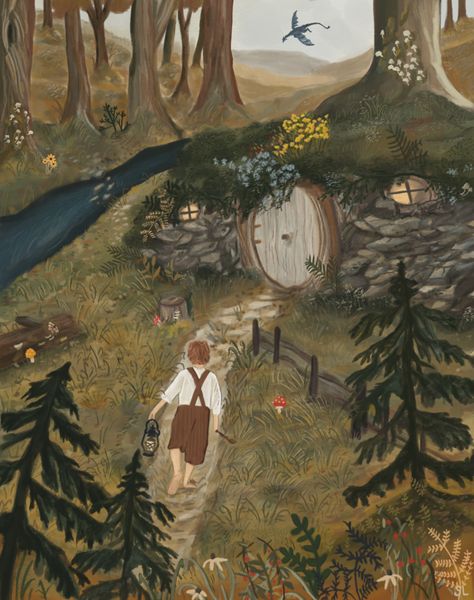 Woodland Illustration, Cozy Art, Woodland Animal Art, Middle Earth Art, Forest Illustration, The Shire, Fairytale Art, Cozy Cottage, Gouache Painting