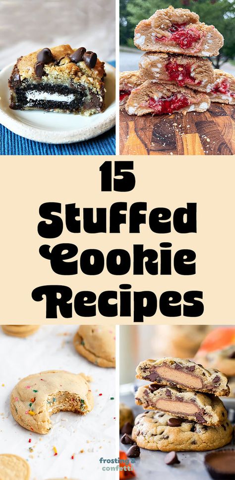 These stuffed cookie recipes are so good. You'll find Oreo stuffed cookies, Funfetti stuffed cookies, Reeses cup stuffed cookies, and fruit stuffed cookies. Stuffed Reeses Cookies, Reeses Stuffed Cookie, Snickers Stuffed Cookies, Crazy Cookies Recipes, King Arthur Cookies, Candy Stuffed Cookies, Pecan Pie Stuffed Cookies, Andies Candies Chocolate Cookies, Large Stuffed Cookies Recipe