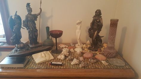 Altar to Athena, Goddess of Wisdom, and Aphrodite, Goddess of Love Athena Altar Ideas, Athena Worship, Deities Altar, Medusa Altar, Athena Altar, Aphrodite Altar, Aphrodite Goddess Of Love, Athena Goddess Of Wisdom, Goddess Altar