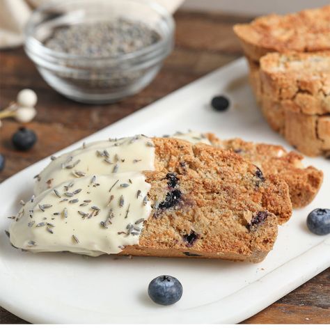 Blueberry Lavender Biscotti - The Salty Cooker Dairy Free White Chocolate, Breakfast Burger, Waffles Maker, Recipe Cover, Unsweetened Coconut, Frozen Blueberries, Dessert Appetizers, Baking Flour, Desert Recipes