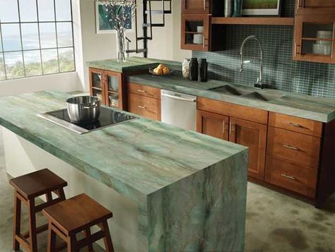 40 Great Ideas for Your Modern Kitchen Countertop Material and Design Green Kitchen Countertops, Unique Kitchen Countertops, Green Countertops, Corian Countertops, Marble Countertops Kitchen, Outdoor Kitchen Countertops, Kitchen Countertop Materials, Countertop Design, Stone Kitchen