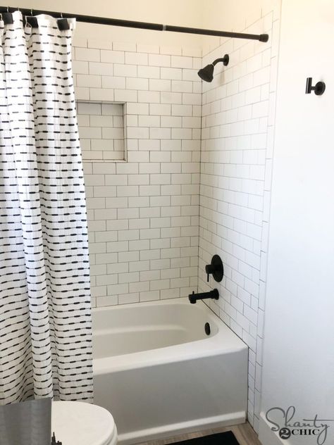 Modern Farmhouse Tub Shower Combo, Shower And Tub Combo Walk In, Farmhouse Bathroom Tub, Matte Black Shower Fixtures, Black Shower Fixtures, Sliding Barn Door Bathroom, Cabin Remodel, Farmhouse Shower Curtain, Black White Bathrooms