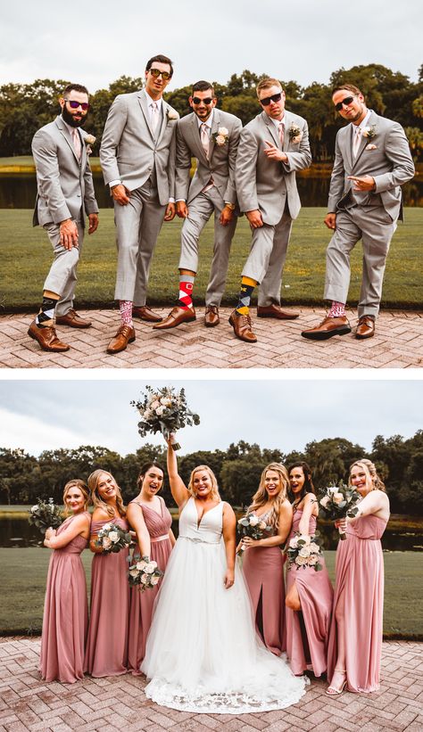 Gray And Pink Groomsmen Attire, Rose Bridesmaid Dresses With Groomsmen, Pink Bridesmaid Suit, Grey And Pink Groomsmen Suits, Blush Wedding Party Groomsmen, Pale Pink Groomsmen, Groomsmen With Pink Bridesmaid, Tan Groomsmen Suits With Pink Bridesmaids, Pink Wedding Bridal Party