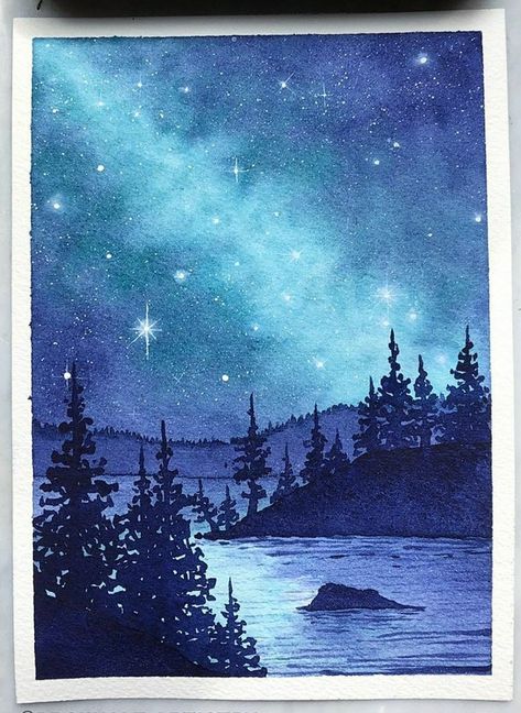 Winter Night Watercolor, Northern Light Watercolor, Velaris Watercolor, Night Sky Watercolor Painting, Watercolor Sky Paintings, Night Watercolor Paintings, Midnight Sky Painting, Northern Lights Painting Watercolors, Northern Lights Watercolor Painting