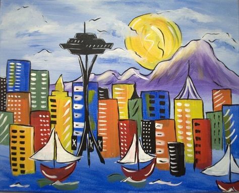 Seattle skyline canvas Seattle Skyline Drawing, Seattle Drawing, Seattle Painting, Seattle Skyline Painting, Paint And Sip Studio, Wicked Art, Arty Ideas, Skyline Painting, Auction Ideas