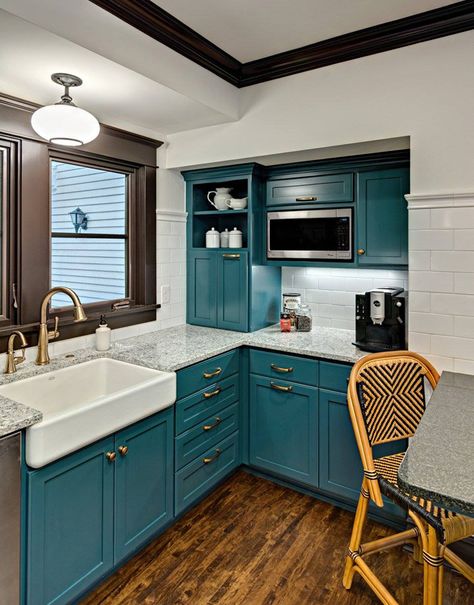 Kathryn Johnson Interiors                                                                                                                                                                                 More Turquoise Kitchen Cabinets, Teal Kitchen Cabinets, Teal Cabinets, Turquoise Kitchen Decor, Teal Kitchen Decor, Turquoise Kitchen, Teal Kitchen, Farmhouse Kitchen Remodel, White Kitchen Remodeling