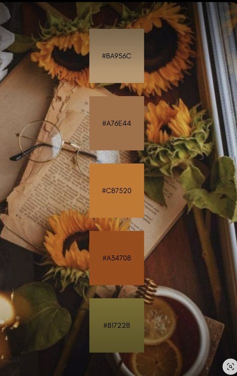 Yellow Orange Brown Color Palette, Sunflower Color Scheme, Sunflower Wedding Color Palette, Yellow Brand Color Palette, Color Palette Orange Green, Warm Yellow Color Palette, Golden Yellow Color Palette, Color Palette Yellow, Brown Color Palette