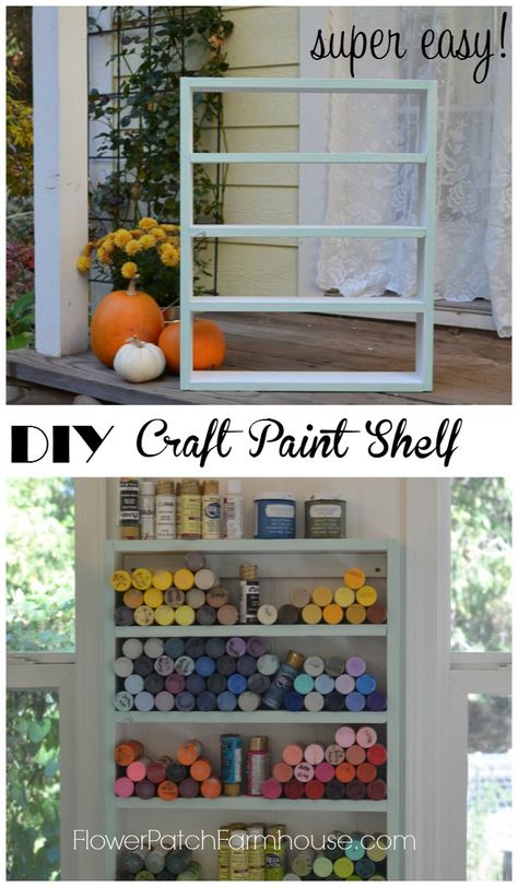 'Build a Little Paint Shelf...!' (via Flower Patch Farmhouse) Craft Studio Design, Paint Shelf, Farmhouse Build, Craft Paint Storage, Paint Bottles, Craft Studios, Paint Organization, Craft Shed, Dream Craft Room