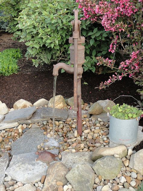 Old hand pump There was one of these in my grandma's yard. We loved playing with it when we were kids. Old Water Pumps, Hand Water Pump, Ponds For Small Gardens, Outdoor Water Features, Garden Water Feature, Diy Garden Fountains, Garden Junk, Water Features In The Garden, Garden Pond