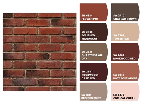 Paint colors that go with red brick Paint That Matches Red Brick, Modern Farmhouse Red Brick Exterior, Paint Colors That Compliment Red Brick, Red Brick Colour Palette, Red Brick Paint Colors, Brick Red Paint Color, Red Brick Color Palette, Brick Red Color Palette, Colors That Go With Red Brick