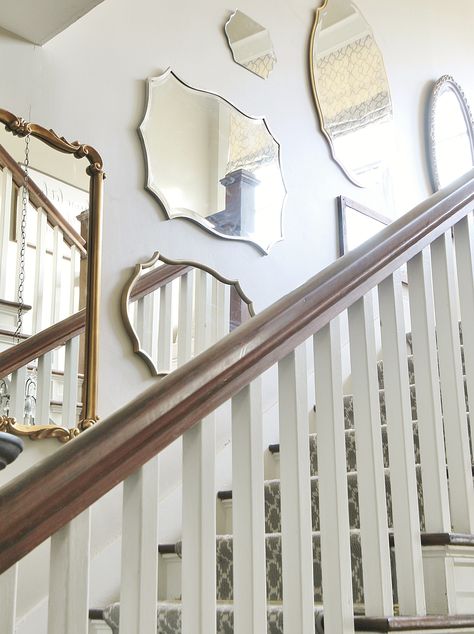 DIY Mirrored Staircase Wall Project - Thistlewood Farm Mirror Gallery Wall Staircase, Different Mirrors On Wall, Staircase Mirror Wall Decor, Mirror Staircase Wall, Stairway Mirror Wall, Mirrors In Stairwell Staircases, Mirror Wall Staircase, Mirrored Staircase Wall, Mirrors On Staircase Wall