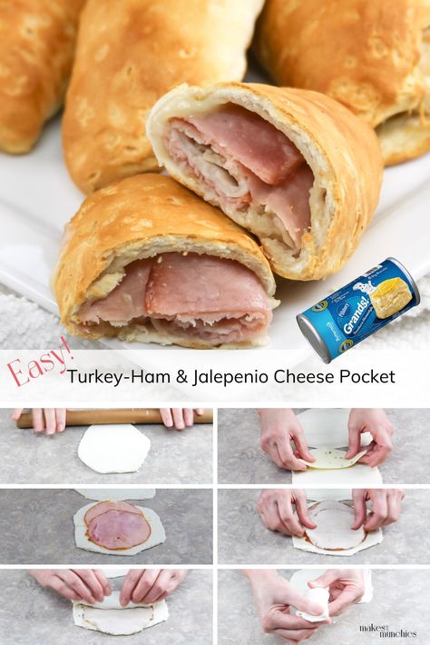 Ham And Cheese Bierocks, Biscuit Dough Hot Pockets, Biscuit Hot Pockets, Turkey Pockets, Ham And Cheese Pockets, Pocket Recipes, Refrigerator Biscuits, Pita Pocket Recipes, Hot Pocket Recipes