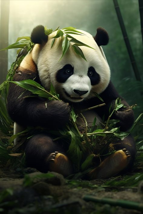 Cute black and white panda eating bamboo in a lush bamboo forest Cute Panda Painting, Bear Aesthetic Cute, Panda Bear Aesthetic, Panda Bear Drawing, Bear Drawing Easy, Panda With Bamboo, Panda Sitting, St Michael Tattoo, Kingdom Art