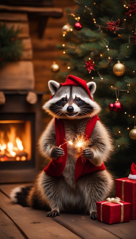 Raccoon Wallpaper, Christmas Raccoon, Funny Raccoon, Raccoon Funny, Celebrating Christmas, Iphone Lockscreen, Cellphone Wallpaper, Christmas Animals, Christmas Pictures