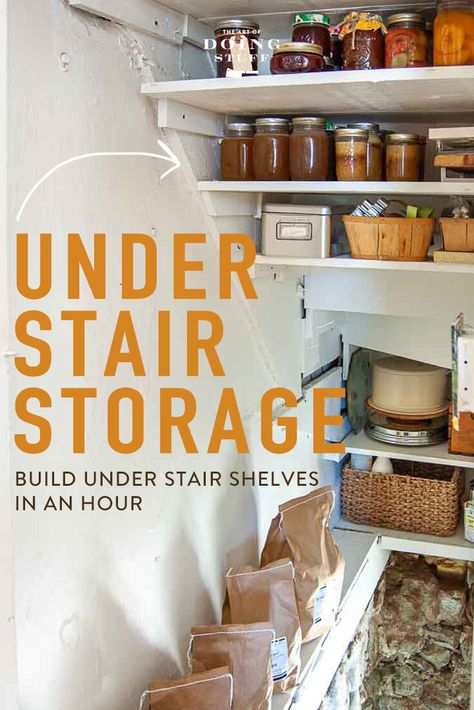 Under Stairs Storage Solutions Shelves, How To Build Shelves Under Stairs, Back Of Stairs Storage, Basement Staircase Storage, Understairs Shelf Ideas, Space Under Stairs Ideas Creative Closet, Closet Above Basement Stairs Storage Spaces, Sloped Under Stairs Storage, Storage Under Basement Stairs Ideas