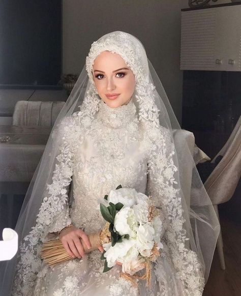 Hijabi Wedding Dress, Muslim Wedding Dress Hijab Bride, Turkish Wedding Dress, Hijabi Wedding, Wedding Dresses Hijab Bride, Wedding Hijab Styles, Bridal Hijab Styles, Muslim Wedding Gown, Baju Kahwin