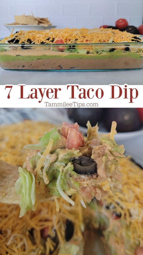 Easy 7 Layer Taco Dip Recipe perfect for parties! This Seven Layer Taco Dip has amazing flavor and makes the perfect amount for a party. Seven Layer Taco Dip, Spinach And Artichoke Dip Recipe, Layer Taco Dip, Baked Spinach Dip, Taco Dip Easy, 7 Layer Taco Dip, Artichoke Dip Easy, Baked Spinach Artichoke Dip, Refried Bean Dip