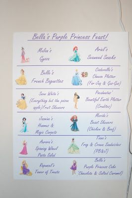 Princess Party Menu Ideas, Princess Birthday Snacks, Disney Princess Food Ideas, Disney Princess Birthday Party Food, Princess Food Labels, Princess Party Food Labels, Princess Party Snacks, Princess Themed Food, Disney Princess Party Food