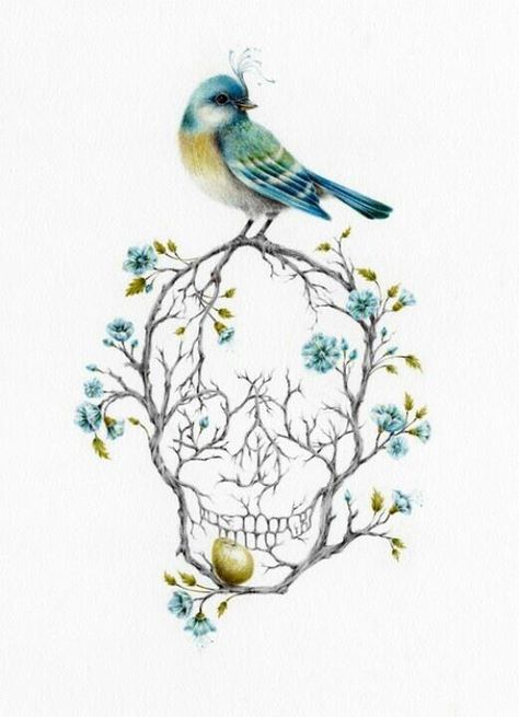 Tree branch skull #skulls Catrina Tattoo, Tattoo Collection, Bird Skull, Art Et Illustration, A Skull, Skull Tattoos, Birds Tattoo, Fantasy Illustration, Skull And Bones