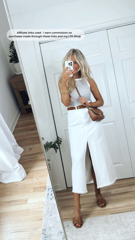 Denim maxi skirt in white curated on LTK Style White Denim Skirt, Long Cream Denim Skirt Outfit, White Denim Maxi Skirt Outfit, Beige Denim Skirt Outfit, White Midi Skirt Outfit Summer, White Denim Midi Skirt Outfit, White Maxi Skirt Outfit Summer, White Denim Maxi Skirt, White Midi Skirt Outfit