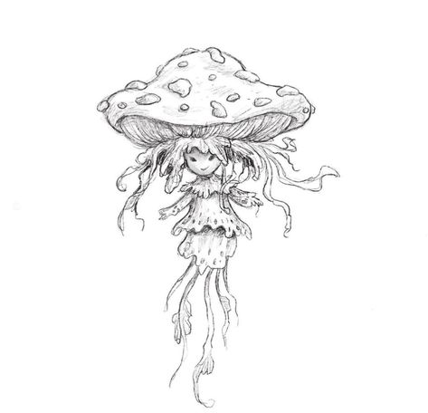 Mushroom Fairy Tattoo Design, Fantasy Mushroom Drawing, Fairy Sitting On Mushroom Drawing, Mushroom Hat Drawing, Magic Mushroom Drawing, Simple Mushroom Drawing, Melting Mushroom, October Drawings, Mushroom Sketch