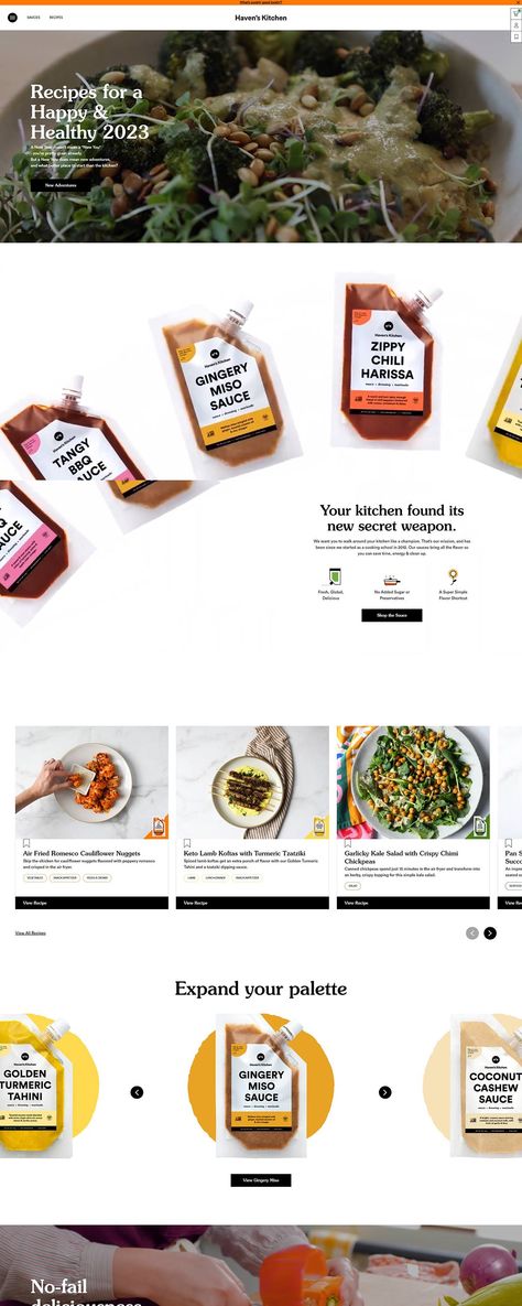 Haven's Kitchen | eCommerce Website Design Gallery & Tech Inspiration Sauce Website Design, Havens Kitchen, School Cafe, Tech Inspiration, Creative Cooking, Shopify Website Design, Cooking Sauces, Ginger Turmeric, Ecommerce Website Design