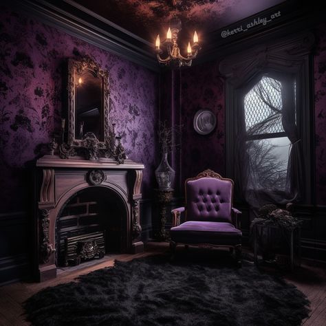 Purple Victorian Room, Dark Purple Interior Design, Romantic Goth Living Room, Purple Gothic Bedroom, Dark Purple Room, Goth Bedroom Aesthetic, Goth Interior Design, Goth Living Room, Layered Decor